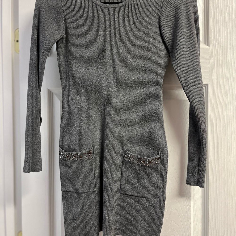 New Directions Charcoal Knit Dress with Pocket Accents